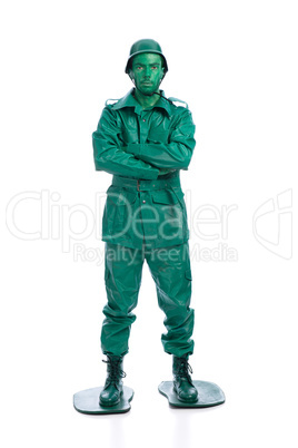 Man on a green toy soldier costume