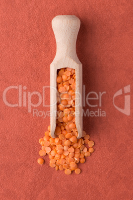 Wooden scoop with  peeled lentils