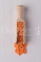 Wooden scoop with  peeled lentils