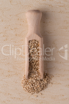 Wooden scoop with sesame seeds