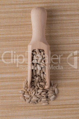 Wooden scoop with shelled sunflower seeds