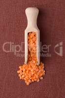 Wooden scoop with  peeled lentils