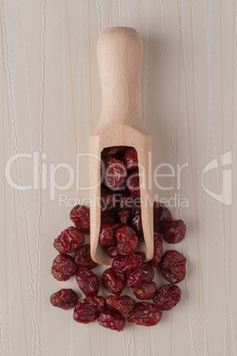 Wooden scoop with dried cranberries