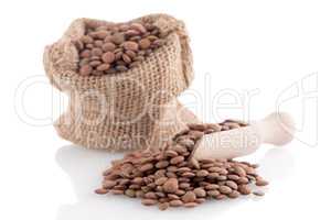 Burlap bag with lentils