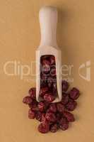 Wooden scoop with dried cranberries
