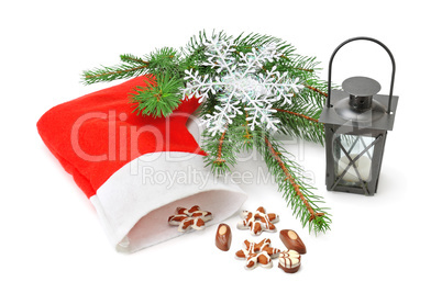 Christmas Stocking, lantern and spruce isolated on white backgro