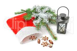Christmas Stocking, lantern and spruce isolated on white backgro