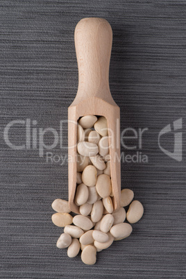 Wooden scoop with white beans