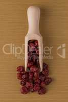 Wooden scoop with dried cranberries