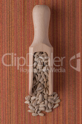 Wooden scoop with shelled sunflower seeds