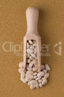 Wooden scoop with white beans