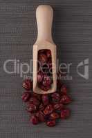 Wooden scoop with dried cranberries