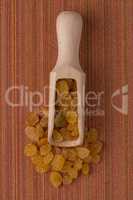 Wooden scoop with golden raisins