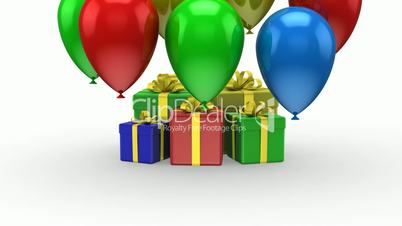 Balloons fly up and arise gift boxes