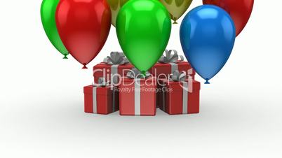 Balloons fly up and arise gift boxes