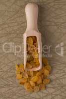 Wooden scoop with golden raisins