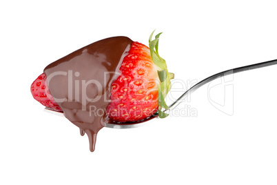 Strawberry and chocolate on a fork