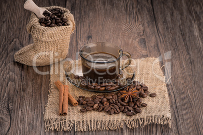 Coffee cup with burlap sack