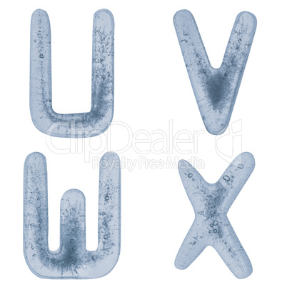 Letters U, V, W, and X in ice
