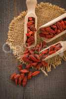 Goji berries on a wooden spoons