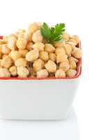 Closeup of a bowl with boiled chickpeas