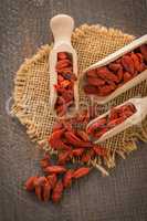 Goji berries on a wooden spoons