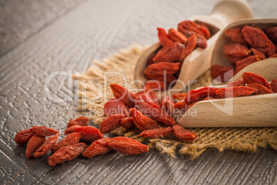 Goji berries on a wooden spoons
