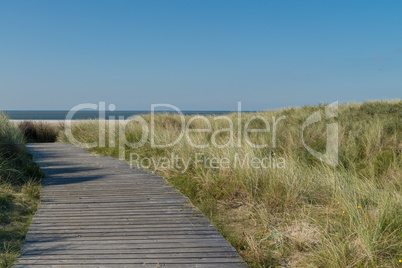 Hölzerner Steg durch eine Dünenlandschaft an der Nordsee