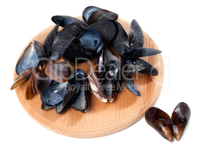 Shells of mussels on cutting board