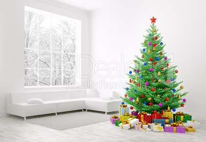 Christmas tree, gifts in a room 3d rendering