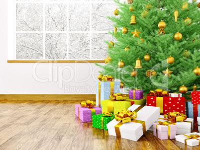Christmas tree, gifts in a room 3d rendering