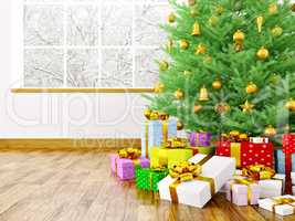 Christmas tree, gifts in a room 3d rendering