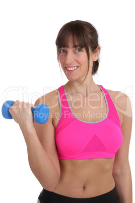 Fitness Frau lachen beim Sport Workout Training mit Hantel Freis