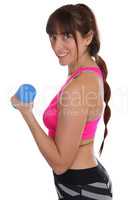 Fitness Frau lachen beim Sport Workout Training mit Hantel seitl