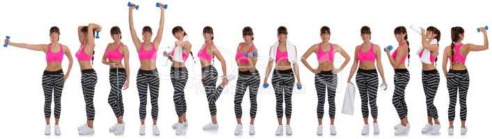 Collage Fitness Frau beim Sport Workout mit Hanteln Ganzkörper