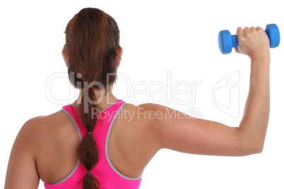 Fitness Workout Frau Training mit Hanteln Übung Rücken Schulte