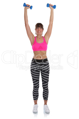 Fitness Workout Frau beim Sport mit Hanteln Übung Ganzkörper F