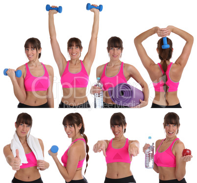 Collage lachen Fitness Frau beim Sport Workout Training mit Hant
