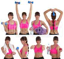 Collage lachen Fitness Frau beim Sport Workout Training mit Hant