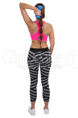 Frau beim Sport Workout Training mit Hantel Trizeps Rücken Schu