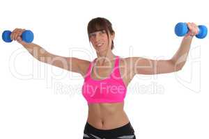 Fitness Workout junge Frau hält Hanteln Übung Rücken Schulter
