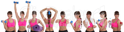 Collage Fitness Frau beim Sport Workout Training mit Hanteln Fre