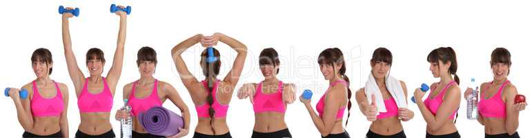 Collage Fitness Frau beim Sport Workout Training mit Hanteln Fre