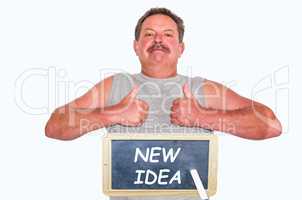 Mann mit Tafel und Beschriftung New Idea