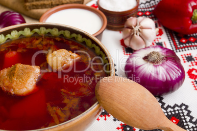 Pieces of meat in the borscht soup