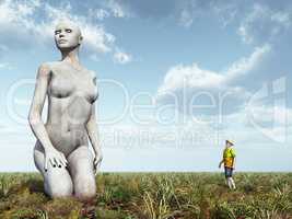 Skulptur einer knienden Frau und Betrachter