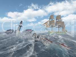 Seeungeheuer und Segelschiff in stürmischer See
