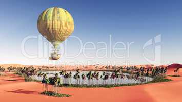 Fantasie Heißluftballon über einer Wüstenoase