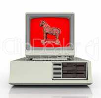 Warnsymbol für das Computerprogramm Trojanisches Pferd auf einem PC Monitor