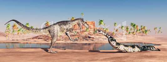 Megalosaurus und Titanoboa attackieren sich gegenseitig